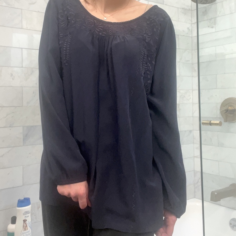 JOIE Navy Blue Embroidered Silk Blouse